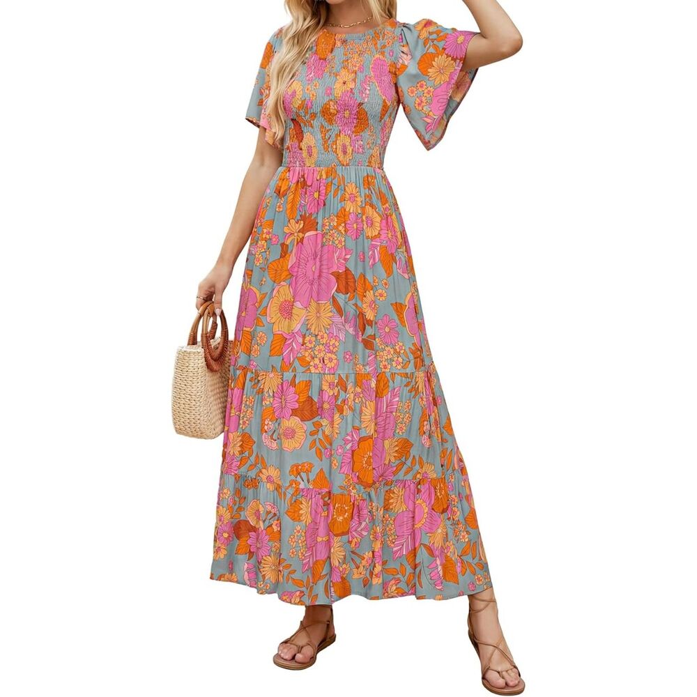 ZESICA Boho Floral Smocked‎ Maxi Dress S Cottagecore Prairie Festival
